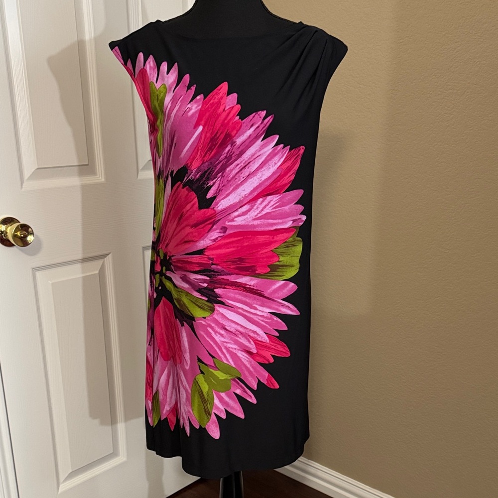 Maggy London Black Dress with Pink and Green Floral Design